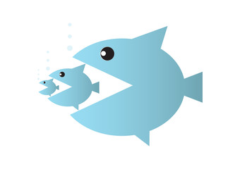 Big fish eats small fish, food chain or takeover business concept vector illustration