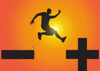 Fototapeta na wymiar Silhouette of man jumping from minus sign to plus sign on golden sunrise background, pessimistic to optimistic concept vector illustration