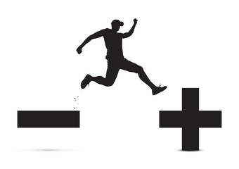 Black and white of man jumping from minus sign to plus sign, pessimistic to optimistic concept vector illustration