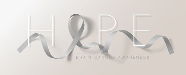 Brain Cancer Awareness Calligraphy Poster Design. Hope Realistic Grey Ribbon. May is Cancer Awareness Month. Vector