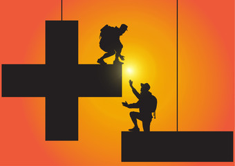 Silhouette of two people climbing from minus sign to plus sign on golden sunrise background, helping hand and assistance concept vector illustration