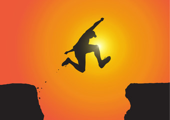 Silhouette of man jumping over the cliffs on golden sunrise background, achievement, success and winning concept vector illustration