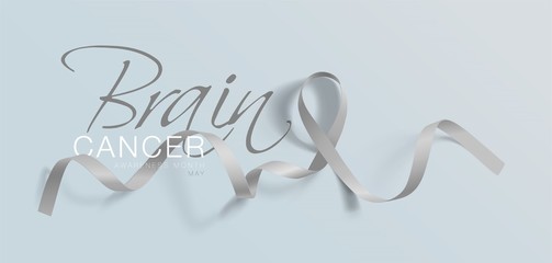 Brain Cancer Awareness Calligraphy Poster Design. Realistic Grey Ribbon. May is Cancer Awareness Month. Vector