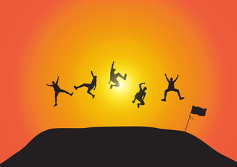 Silhouette of friends jumping over hill on golden sunrise background, happy life, winning, successful and achievement concept vector illustration