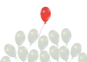 Red balloon flying ahead of white balloons, leadership,difference, stand out from the crowd  business concept vector illustration
