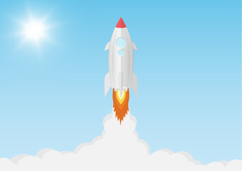 Naklejka na ściany i meble Rocket launch on blue sky background with sunlight, business start up new project concept vector illustration