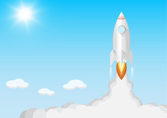 Rocket launch on blue sky background with sunlight, business start up new project concept vector illustration