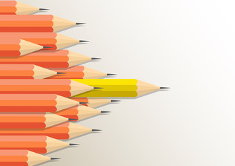 Yellow pencil standing out from orange pencils, leadership,difference and stand out from the crowd  business concept vector illustration