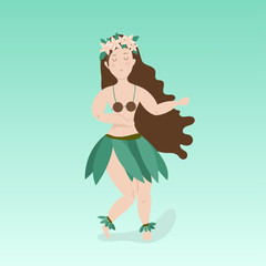 Hawaiian girl is dancing hula. Greeting card. Hawaiian holidays poster with hula girl dancer in traditional costume. Vector cartoon