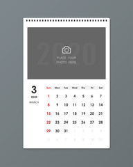 Simple March 2020 photo calendar. Week starts from Sunday.