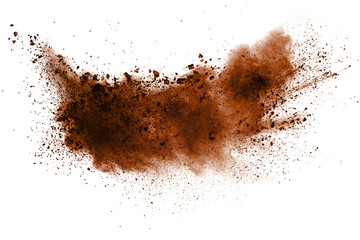 Fototapeta na wymiar Explosion of deep brown powder on white background.