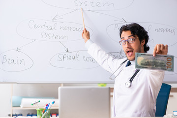 Young male doctor neurologist in front of whiteboard 