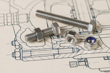 Metal bolts. Nuts group. Drawing. Technical drafting. Steel screws. Threaded parts with hexagonal...