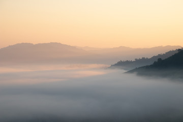Mountain fog in morning sunrise landscape.beautiful view of mountain range in the mist background.Mountain valley texture in chiang rai northern province of thailand