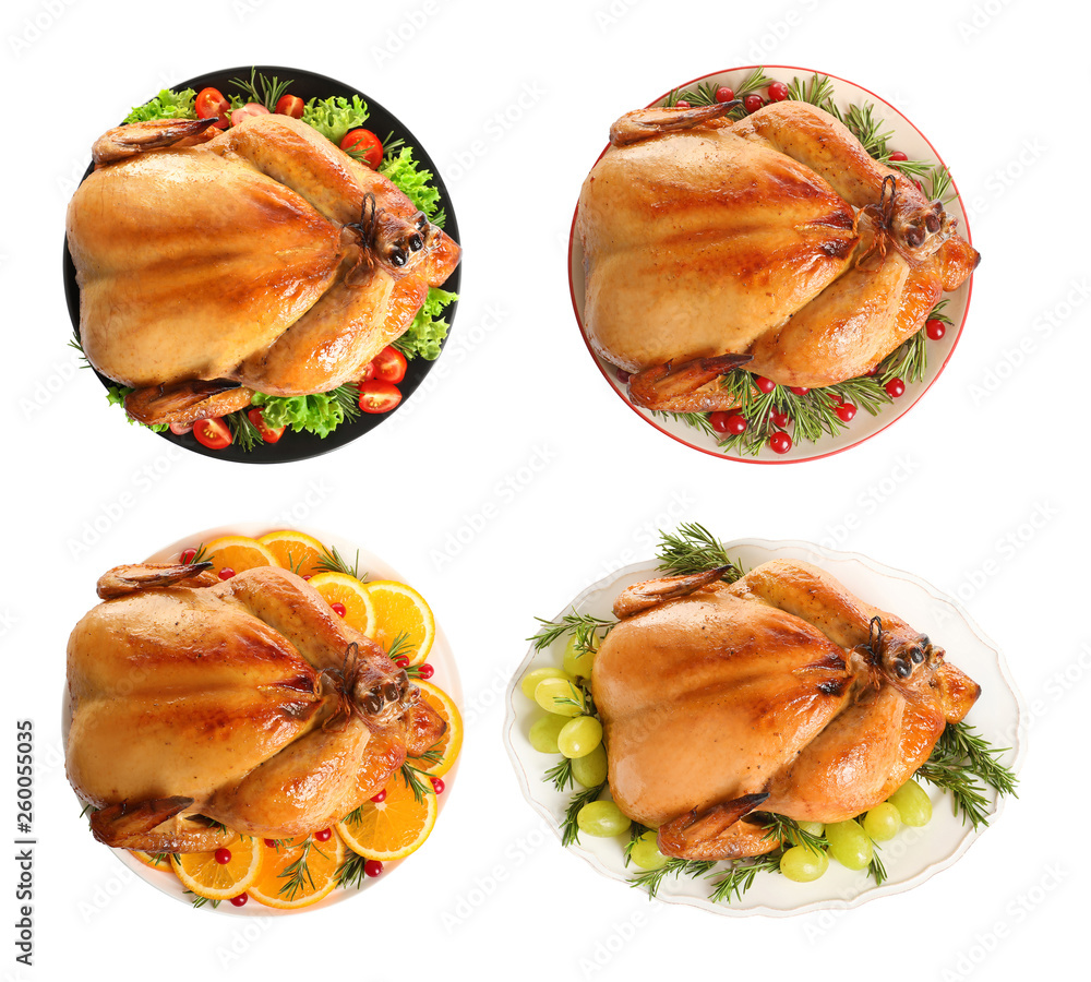 Wall mural set of delicious roasted turkey on plates against white background, top view