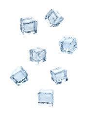 Obraz premium Set of flying crystal clear ice cubes on white background