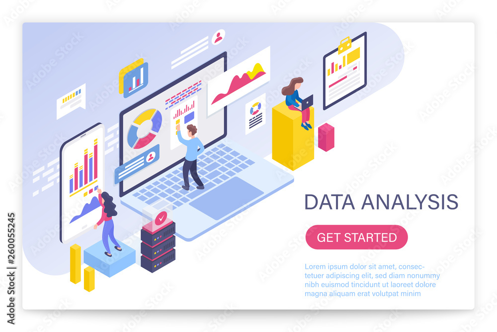 Leinwandbilder Data analysis process, big data concept 3d isometric vector illustration. People interacting with virtual screen charts and analyzing statistics.