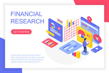 Financial management research, business solution, finance investment analysis 3d isometric vector illustration. People interacting with virtual screen charts and analyzing statistics.
