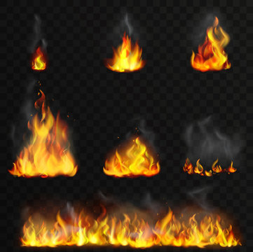 Realistic high detailed vector fire flames set.