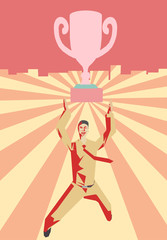 Illustrate of businessman holding the trophy.