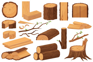 Wood industry raw materials. Realistic production samples collection. Tree trunk, logs, trunks, woodwork planks, stumps, lumber branch, twigs cartoon vector illustration.