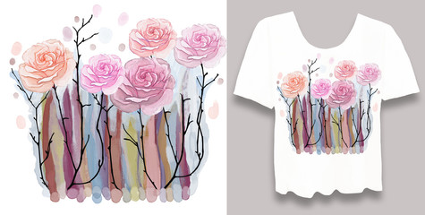 Stylish, designer print on t-shirt. Abstract, floral arrangement with graphic elements and grunge. Creative, original, watercolor illustration. Fashionable youth clothing. Print, cover.Roses.