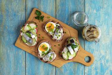 sandwiches  with herring rye bread boiling eggs cucumber slices radish green onions on cutting board top view