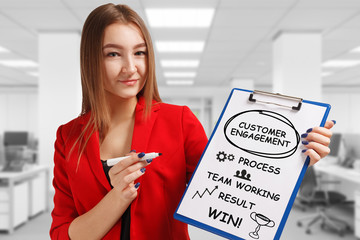 Business, technology, internet and networking concept. Young entrepreneur showing keyword: Customer...