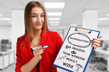 Business, technology, internet and networking concept. Young entrepreneur showing keyword:...