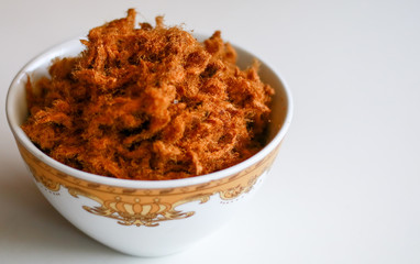 Rousong or beef floss on white background.