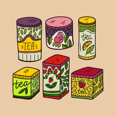 A set of cute tea jars. Hand-drawn illustration. 