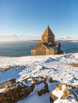 Armenia.Sevanavank temple complex on  Lake Sevan in winter day
