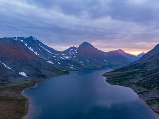 Polar Urals, a summer landscape on sunset with mountains, a  lake of Hadata. Top view
