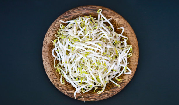 Mung bean sprouts or tauge on wood background.