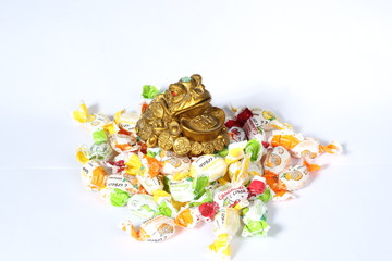 beautiful Golden frog sitting on candy