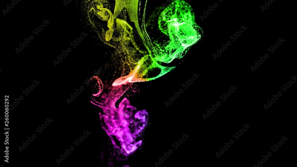 Poster 4k glow particles move in a stream of liquid in front of the camera in slow motion. 3d ink effect fo