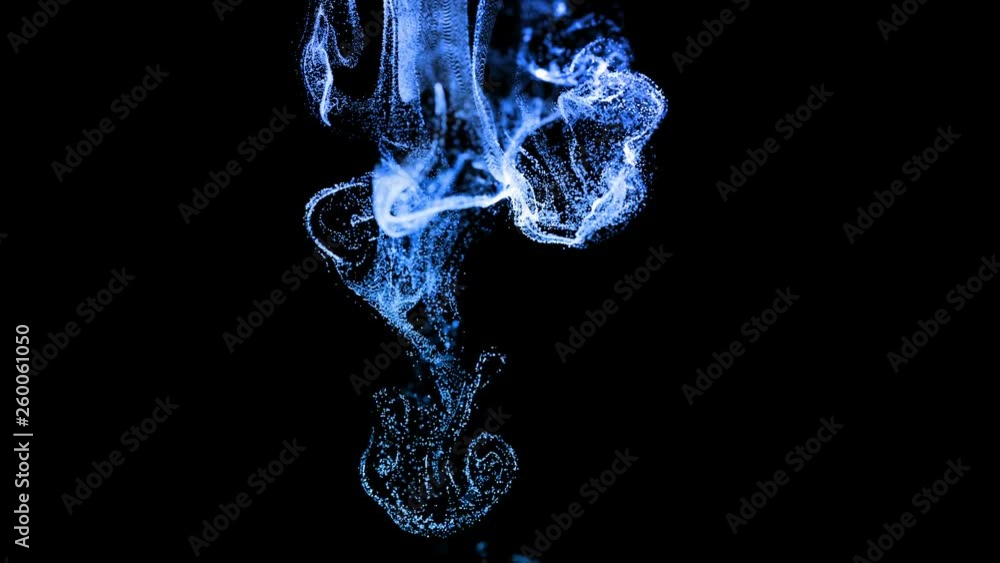 Poster 4k glow particles move in a stream of liquid in front of the camera in slow motion. 3d ink effect fo
