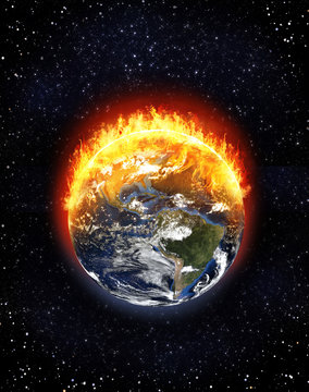 Burning Earth globe North and South America, climate change concept