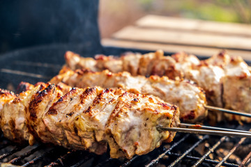 Traditional shashlik cooking on a grill isolated