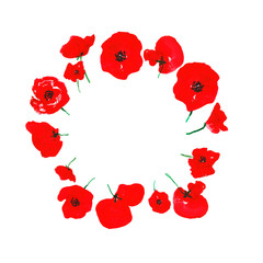 Watercolor red poppies flower wreath, isolated on white background. Hand painted floral round frame for cards design, invitations, symbol of Remembrance day, Anzac day.