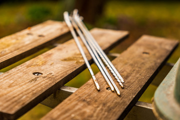 BBQ grill skewers isolated on a grill table 