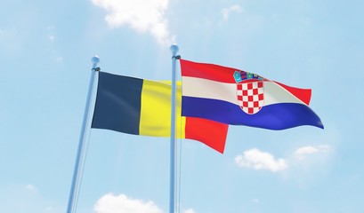 Croatia and Belgium, two flags waving against blue sky. 3d image