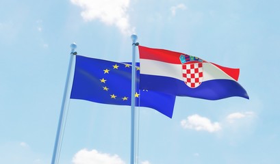 Croatia and EU, two flags waving against blue sky. 3d image