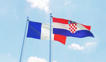 Croatia and France, two flags waving against blue sky. 3d image