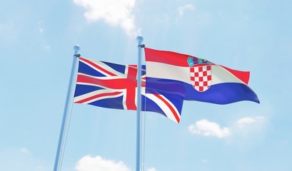 Croatia and UK, two flags waving against blue sky. 3d image