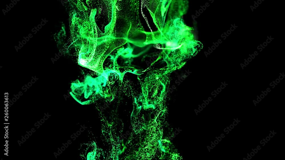 Poster 4k glow particles move in a stream of liquid in front of the camera in slow motion. 3d ink effect fo