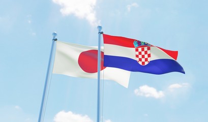 Croatia and Japan, two flags waving against blue sky. 3d image