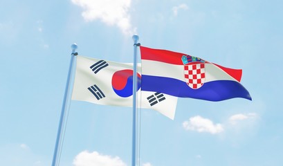 Croatia and South Korea, two flags waving against blue sky. 3d image