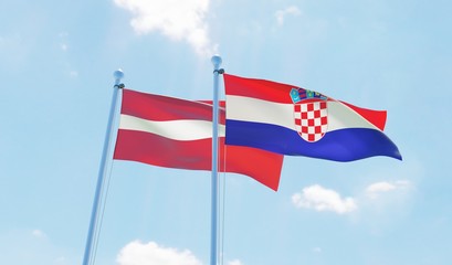 Croatia and Latvia, two flags waving against blue sky. 3d image