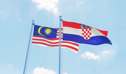 Croatia and Malaysia, two flags waving against blue sky. 3d image